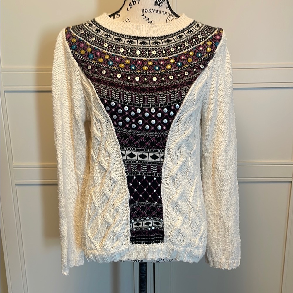 Anthro Angel of the North Cream and Multicolor Patterned Beaded Sweater GUC SZ L
